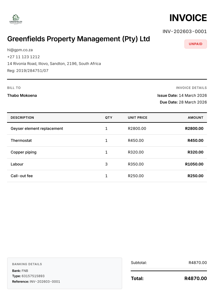 Example wabill invoice PDF showing business details, line items, VAT breakdown, and banking details