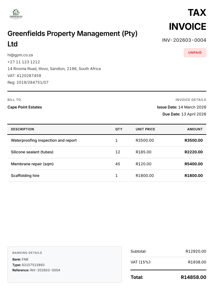 Example wabill VAT invoice PDF showing supplier VAT number, line items, and VAT breakdown